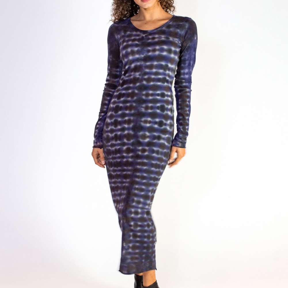 Raquel Allegra Long Sleeve Fitted Midi Dress Tie Dye Night Orchid